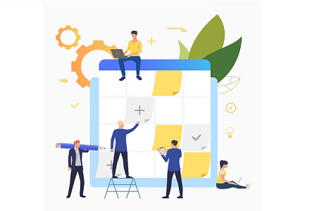 Business people planning and working with task board. Staff, scheduling, teamwork concept. Vector illustration can be used for topics like business, management, planning
